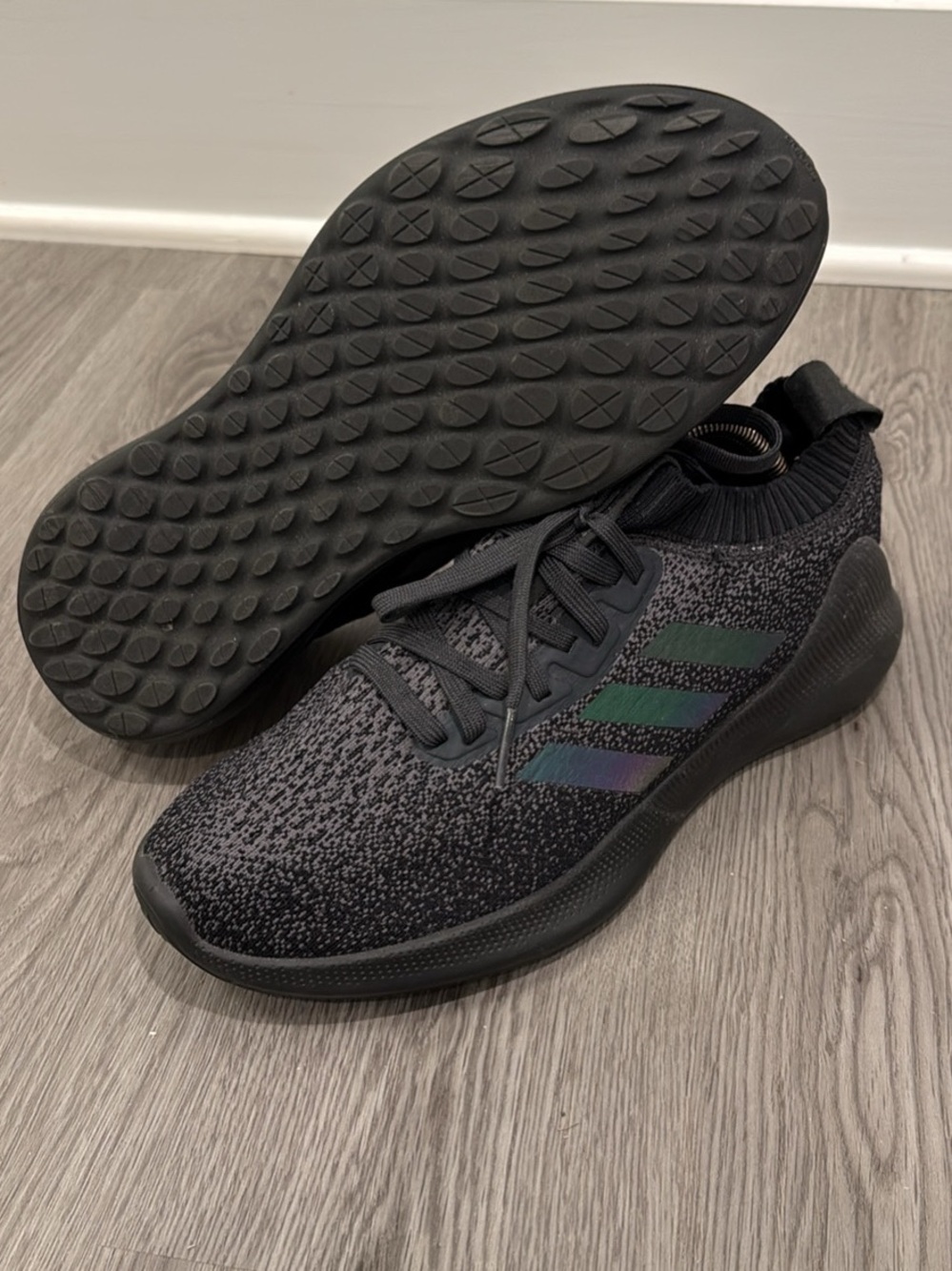 adidas Black Knit Men's Slip-On Sneakers with Iridescent Three-Stripes size 10
